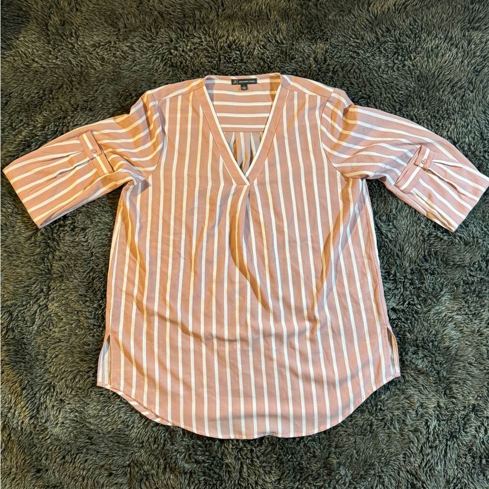 Adrianna Papell peach and white striped long sleeve blouse size small